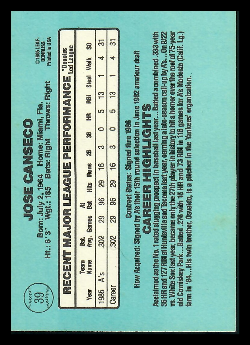 1985 Donruss Jose Canseco #39