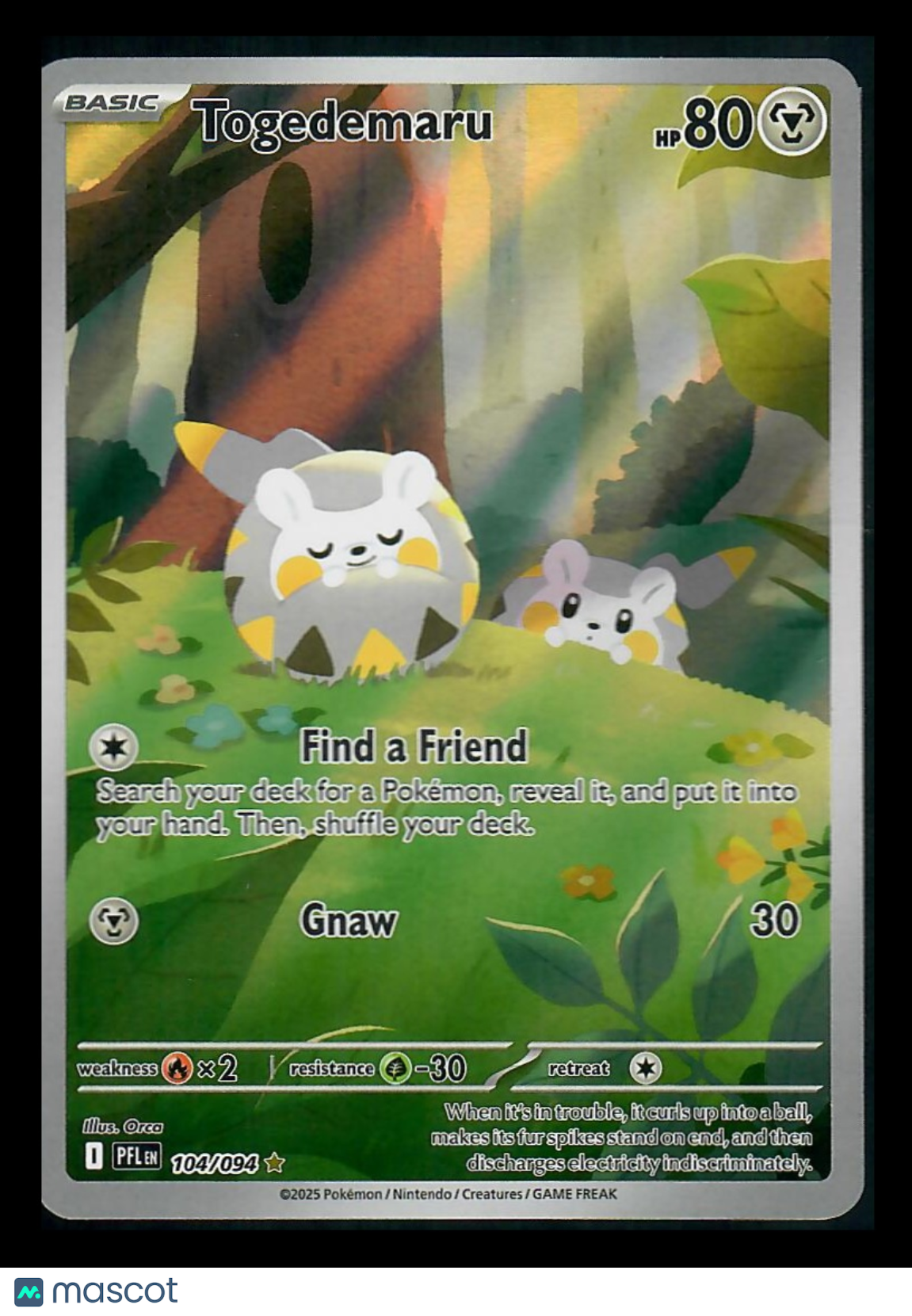 Togedemaru Pokémon trading card with forest background, displaying card stats and abilities.