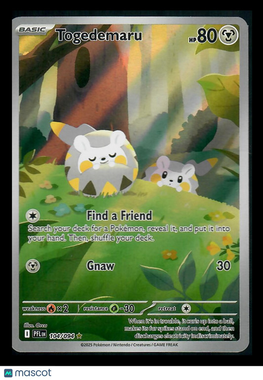 Togedemaru Pokémon trading card with forest background, displaying card stats and abilities.