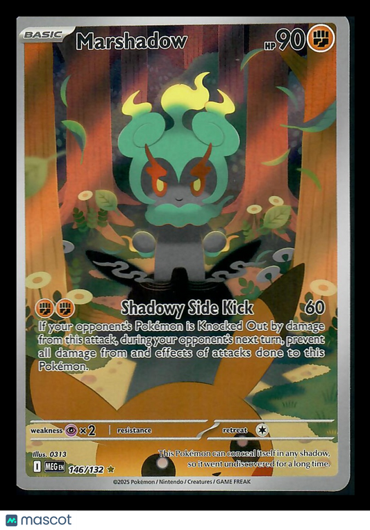 Marshadow Pokémon trading card with forest background, holographic finish, 90 HP, Shadowy Side Kick attack.