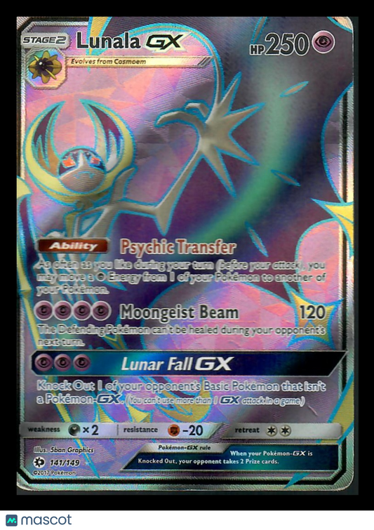 Holographic Lunala GX Pokémon card with Psychic Transfer and Moongeist Beam attacks