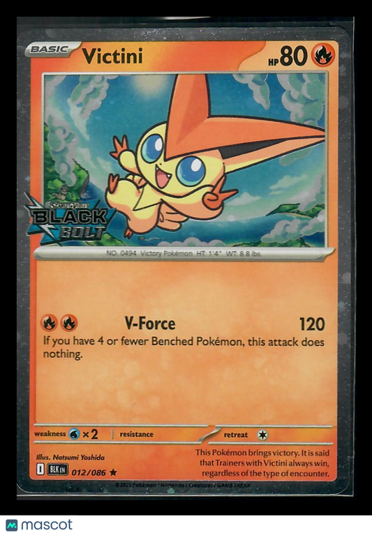 Victini Pokémon trading card, Black Bolt set, orange background, V-Force attack, 80 HP