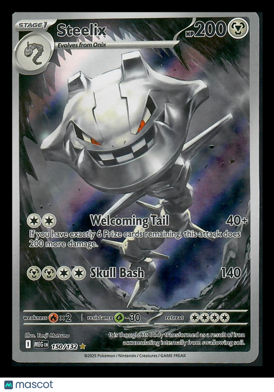 Steelix Pokémon trading card with silver metallic graphics, HP 200, and two attack moves
