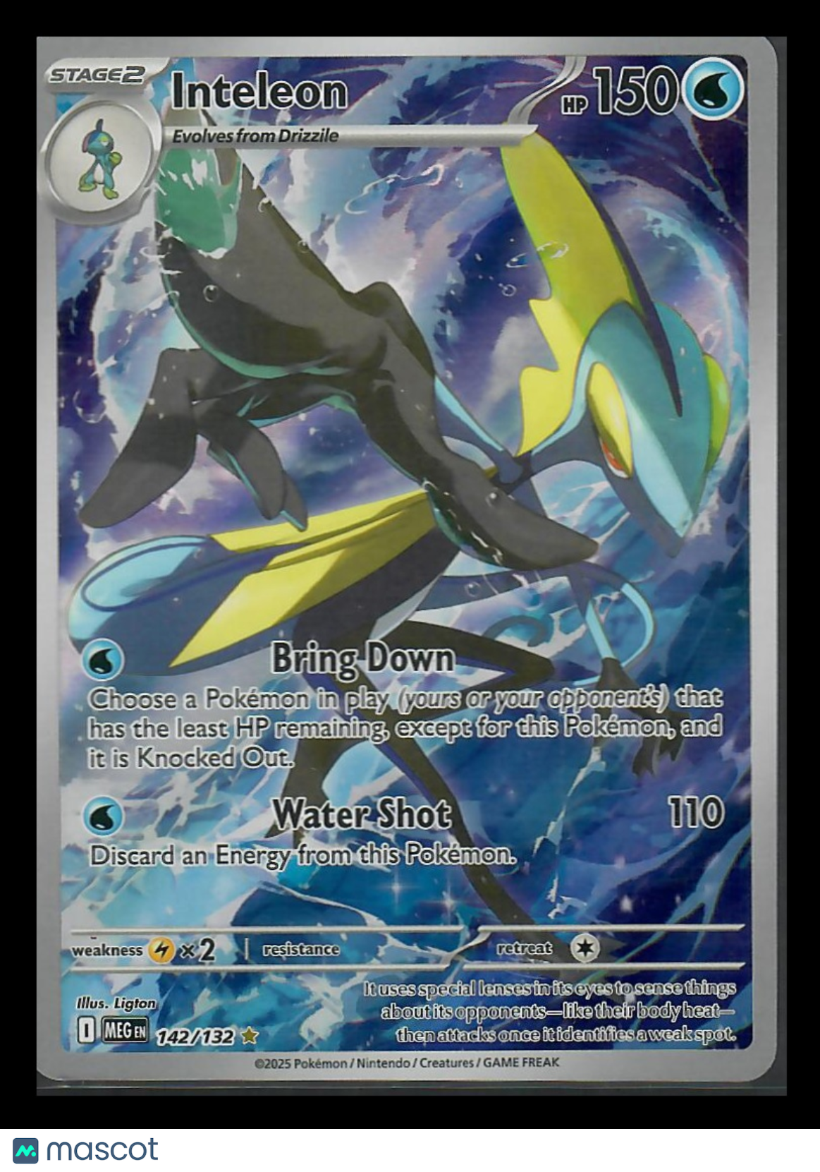 Inteleon holo Pokémon card with water-themed background and card details visible.