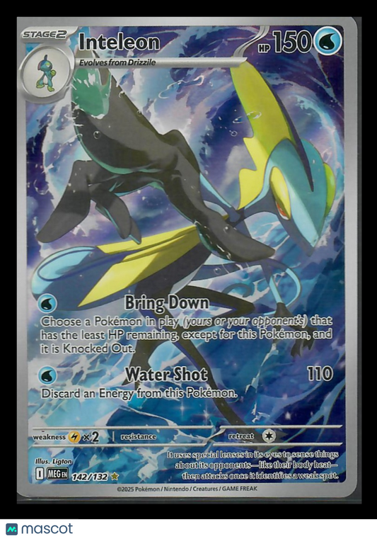 Inteleon holo Pokémon card with water-themed background and card details visible.