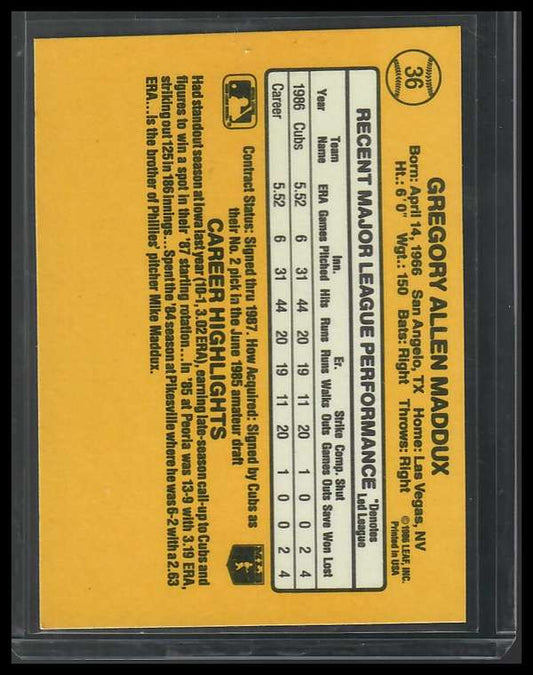 1987 Donruss #36 Greg Maddux Rookie