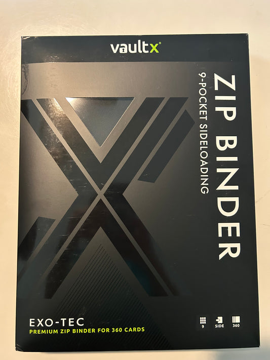 Vault X 9-pocket zip binder packaging, EXO-TEC premium card binder for 360 trading cards.