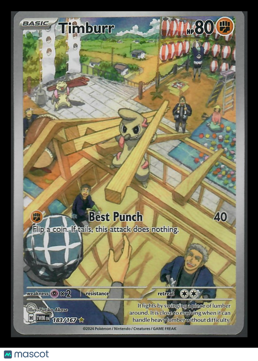 Timburr Pokémon card featuring Timburr carrying wood on a building site with workers and lanterns.
