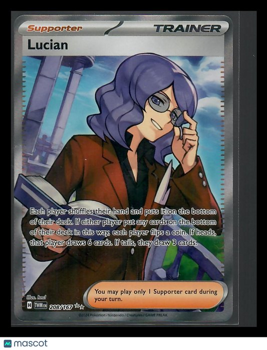 Lucian Trainer Supporter trading card featuring character with purple hair and glasses