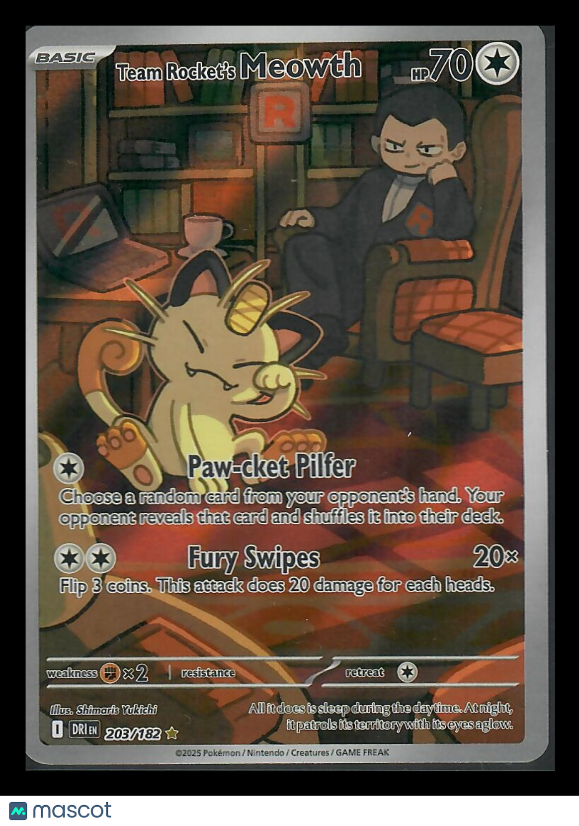 2025 Destined Rivals Team Rocket's Meowth Holo Secret Rare #203/182