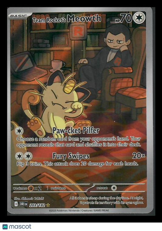 2025 Destined Rivals Team Rocket's Meowth Holo Secret Rare #203/182
