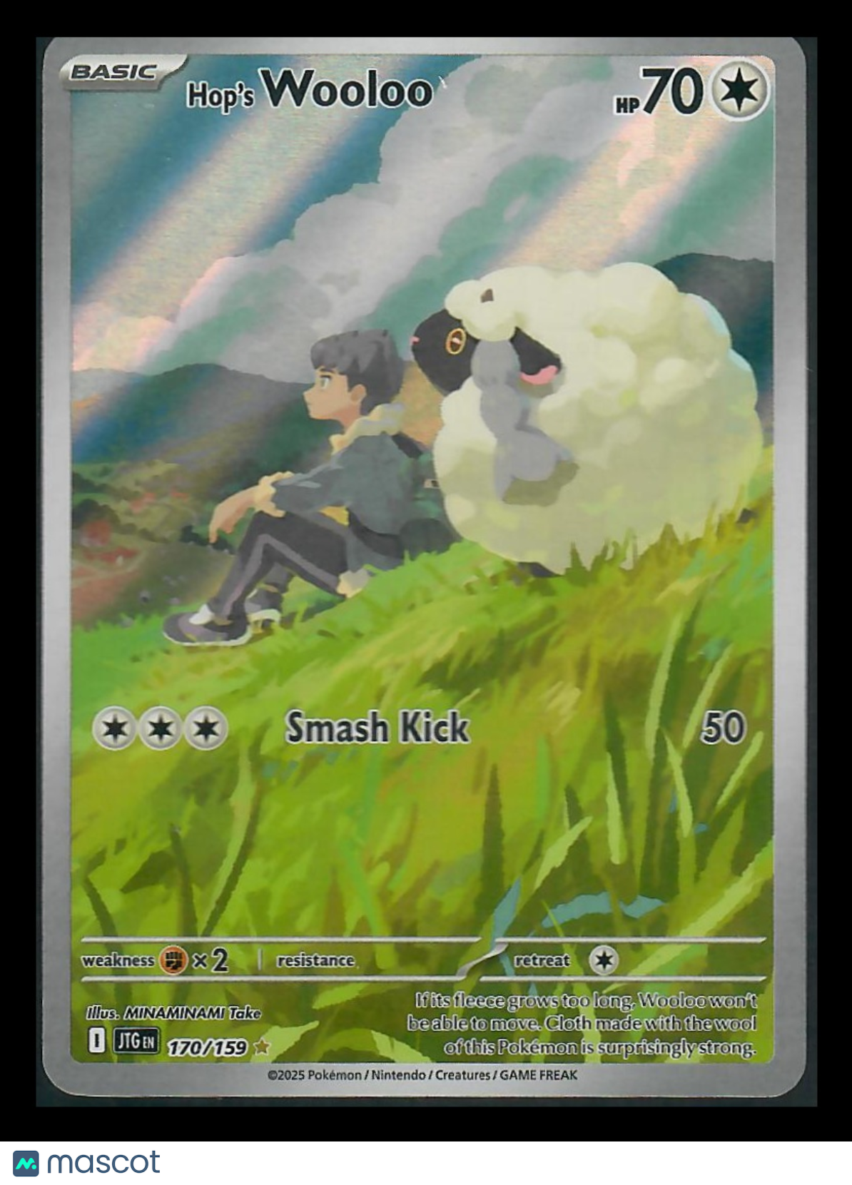 Hop's Wooloo Pokémon trading card holographic with grassy field background