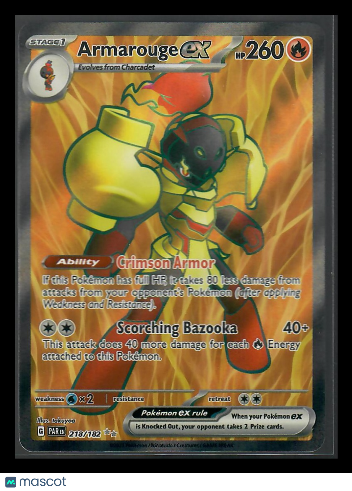 Armarouge ex Pokémon card with fiery background and holographic finish