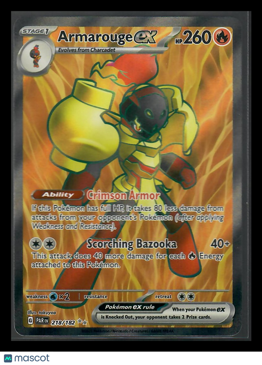 Armarouge ex Pokémon card with fiery background and holographic finish