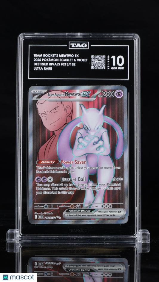 Graded Team Rocket's Mewtwo EX Pokémon card, TAG 10 Gem Mint, 2025 Scarlet & Violet Ultra Rare